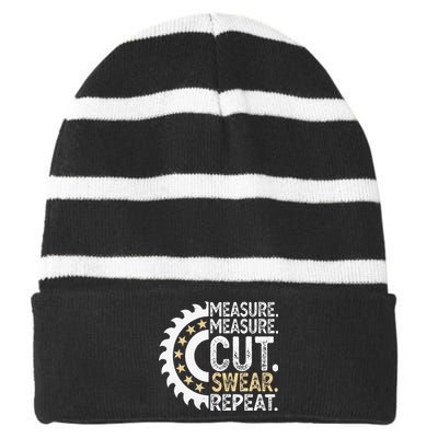 Measure Measure Cut Repeat Handyman Woodworker Father Day Striped Beanie with Solid Band