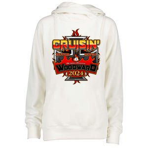 Motor Mania Cruisin Woodward 2024 Detroit To Pontiac Womens Funnel Neck Pullover Hood