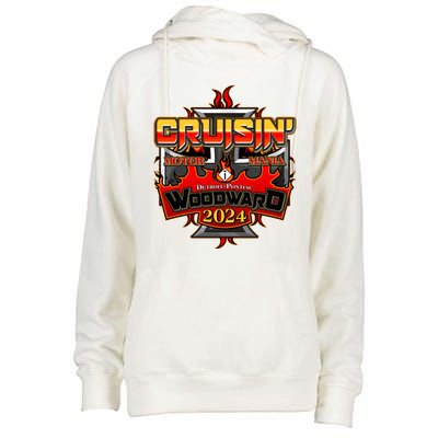 Motor Mania Cruisin Woodward 2024 Detroit To Pontiac Womens Funnel Neck Pullover Hood