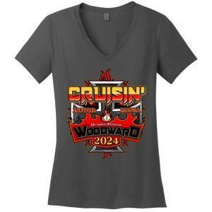 Motor Mania Cruisin Woodward 2024 Detroit To Pontiac Women's V-Neck T-Shirt