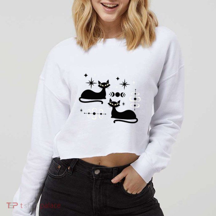 Midcentury Mid Century Cat Retro Atomic Age Space Modern Cropped Pullover Crew