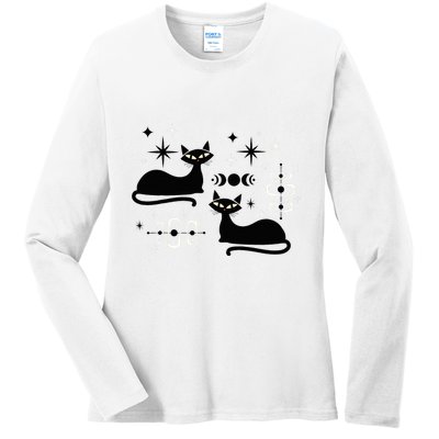 Midcentury Mid Century Cat Retro Atomic Age Space Modern Ladies Long Sleeve Shirt
