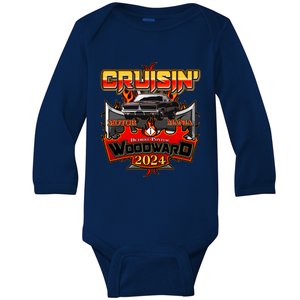 Motor Mania Cruisin Woodward 2024 Detroit To Pontiac Muscle Car Baby Long Sleeve Bodysuit