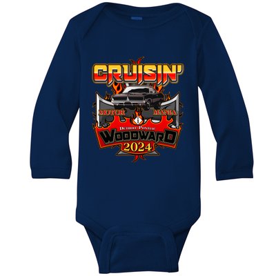 Motor Mania Cruisin Woodward 2024 Detroit To Pontiac Muscle Car Baby Long Sleeve Bodysuit