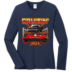 Motor Mania Cruisin Woodward 2024 Detroit To Pontiac Muscle Car Ladies Long Sleeve Shirt