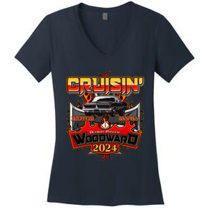 Motor Mania Cruisin Woodward 2024 Detroit To Pontiac Muscle Car Women's V-Neck T-Shirt