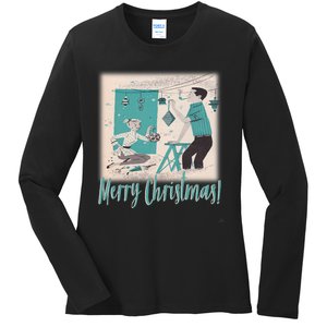 Mcm Mid Century Modern Christmas Retro 50S Couple Merry Ladies Long Sleeve Shirt