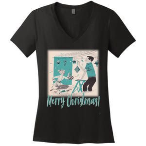 Mcm Mid Century Modern Christmas Retro 50S Couple Merry Women's V-Neck T-Shirt