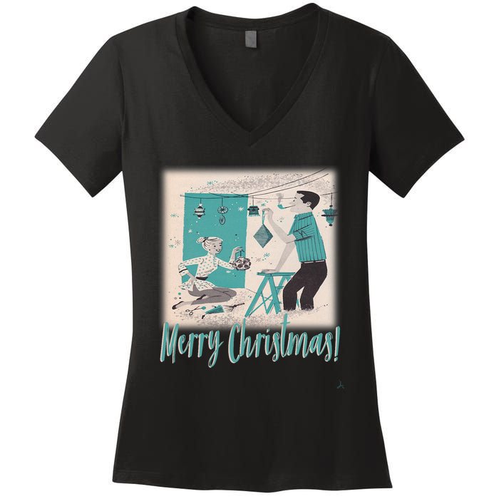 Mcm Mid Century Modern Christmas Retro 50S Couple Merry Women's V-Neck T-Shirt