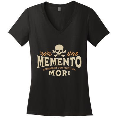 Memento Mori Catholic Design Meaning Traditional Latin Skull Women's V-Neck T-Shirt