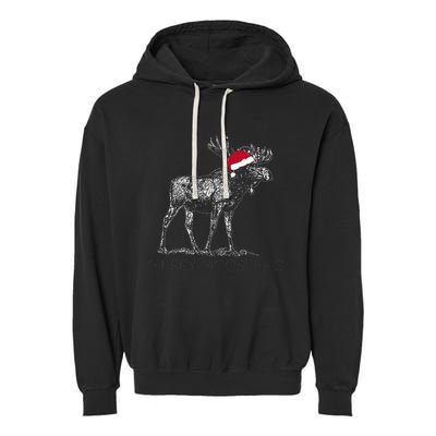 Merry Moosemas Christmas Moose With Santa Hat Garment-Dyed Fleece Hoodie