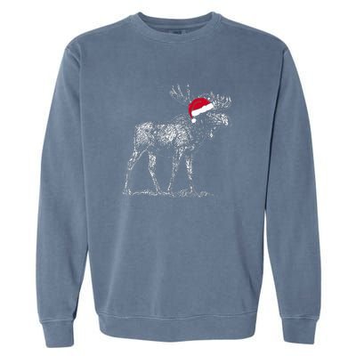 Merry Moosemas Christmas Moose With Santa Hat Garment-Dyed Sweatshirt