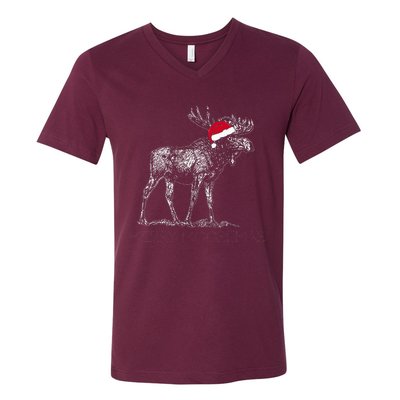 Merry Moosemas Christmas Moose With Santa Hat V-Neck T-Shirt