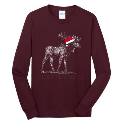 Merry Moosemas Christmas Moose With Santa Hat Tall Long Sleeve T-Shirt