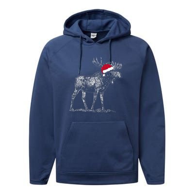 Merry Moosemas Christmas Moose With Santa Hat Performance Fleece Hoodie