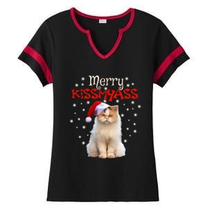 Merry Myass Cagift Cute Cat With Christmas Santa Hat Gift Ladies Halftime Notch Neck Tee