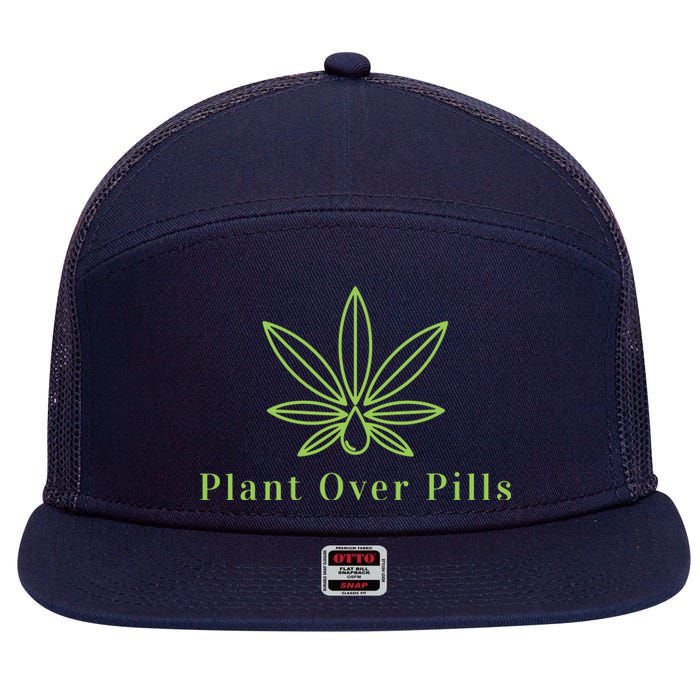 Medical Marijuana Cannabis Plant Over Pills Graphic 7 Panel Mesh Trucker Snapback Hat