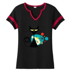 Midcentury Mid Century Cat Retro Atomic Age Space Modern Ladies Halftime Notch Neck Tee