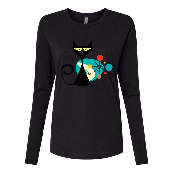 Midcentury Mid Century Cat Retro Atomic Age Space Modern Womens Cotton Relaxed Long Sleeve T-Shirt