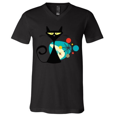 Midcentury Mid Century Cat Retro Atomic Age Space Modern V-Neck T-Shirt
