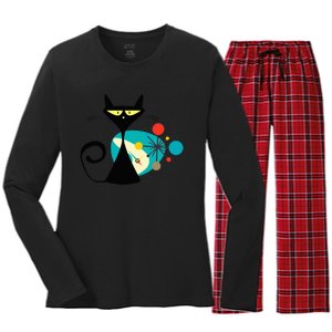 Midcentury Mid Century Cat Retro Atomic Age Space Modern Women's Long Sleeve Flannel Pajama Set 