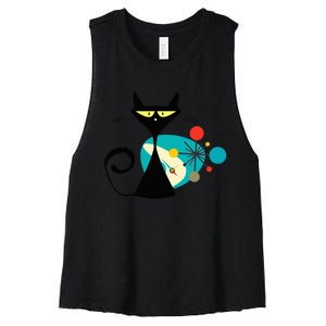 Midcentury Mid Century Cat Retro Atomic Age Space Modern Women's Racerback Cropped Tank