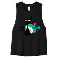 Midcentury Mid Century Cat Retro Atomic Age Space Modern Women's Racerback Cropped Tank