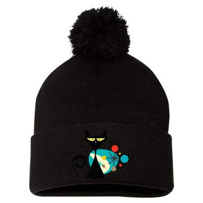 Midcentury Mid Century Cat Retro Atomic Age Space Modern Pom Pom 12in Knit Beanie