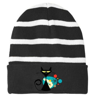 Midcentury Mid Century Cat Retro Atomic Age Space Modern Striped Beanie with Solid Band