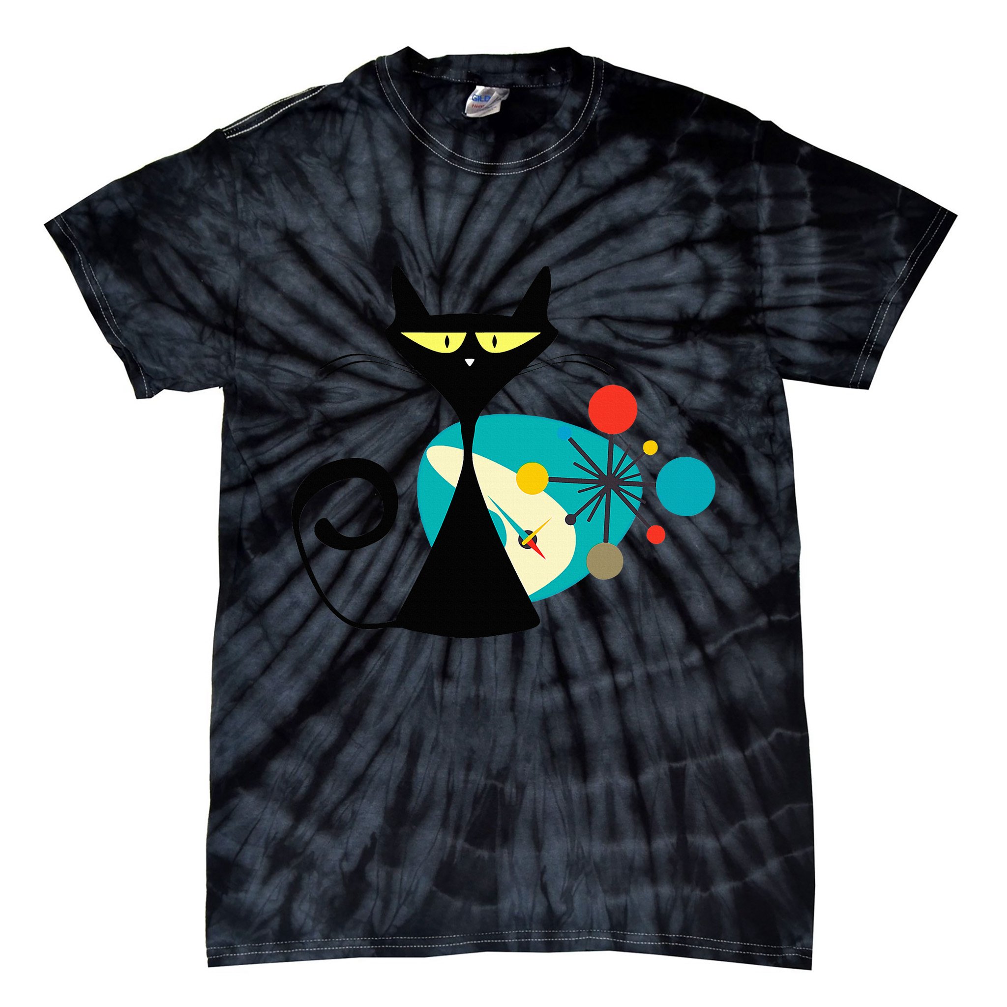 Midcentury Mid Century Cat Retro Atomic Age Space Modern Tie-Dye T-Shirt