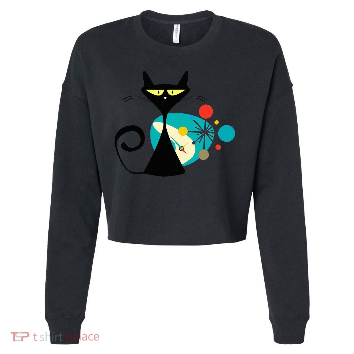 Midcentury Mid Century Cat Retro Atomic Age Space Modern Cropped Pullover Crew