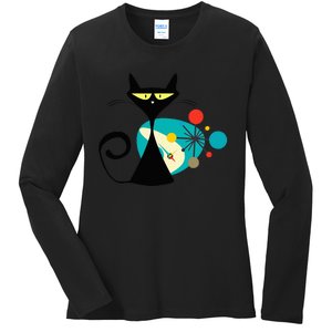 Midcentury Mid Century Cat Retro Atomic Age Space Modern Ladies Long Sleeve Shirt