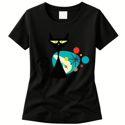 Midcentury Mid Century Cat Retro Atomic Age Space Modern Womens T-Shirt
