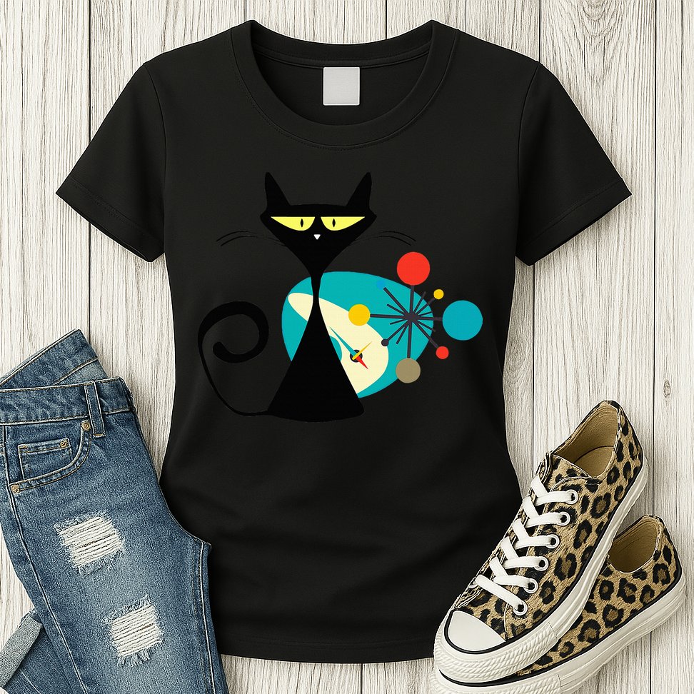 Midcentury Mid Century Cat Retro Atomic Age Space Modern Womens T-Shirt