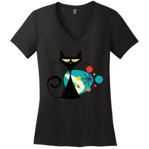 Midcentury Mid Century Cat Retro Atomic Age Space Modern Women's V-Neck T-Shirt