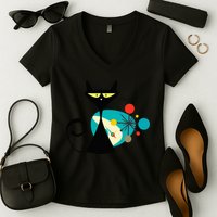 Midcentury Mid Century Cat Retro Atomic Age Space Modern Women's V-Neck T-Shirt