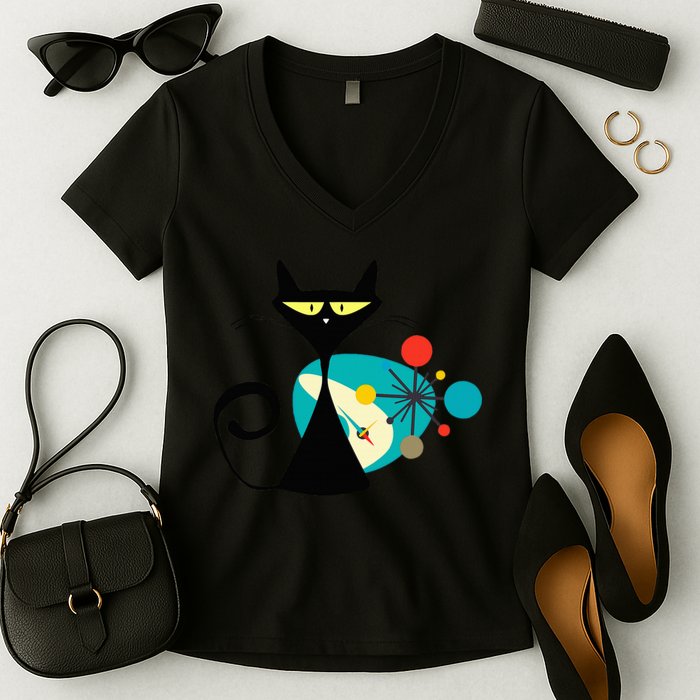 Midcentury Mid Century Cat Retro Atomic Age Space Modern Women's V-Neck T-Shirt
