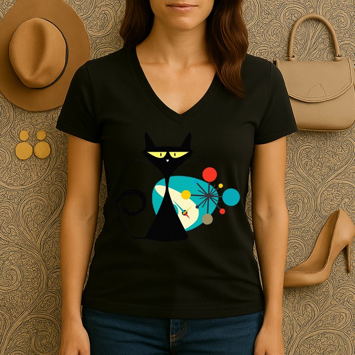 Midcentury Mid Century Cat Retro Atomic Age Space Modern Women's V-Neck T-Shirt