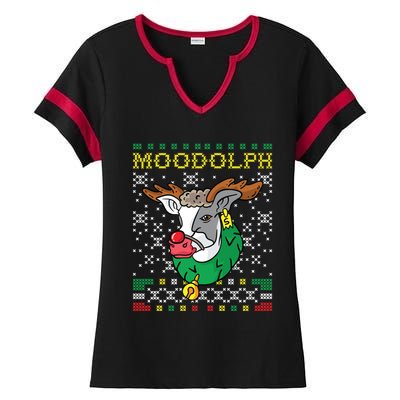 Moodolph Moo Cow Reindeer Ugly Christmas Farmer Ladies Halftime Notch Neck Tee