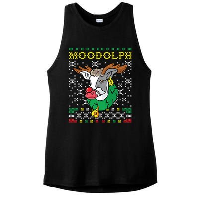 Moodolph Moo Cow Reindeer Ugly Christmas Farmer Ladies PosiCharge Tri-Blend Wicking Tank