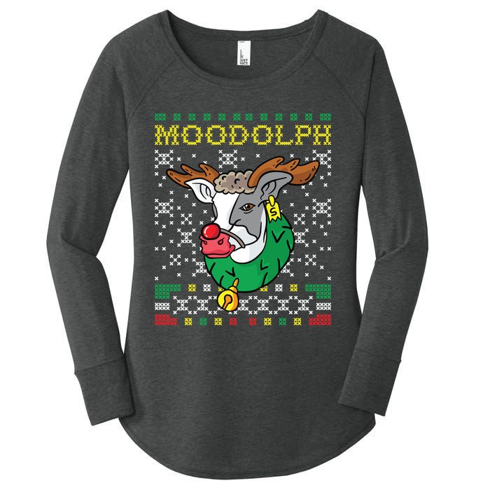 Moodolph Moo Cow Reindeer Ugly Christmas Farmer Women's Perfect Tri Tunic Long Sleeve Shirt