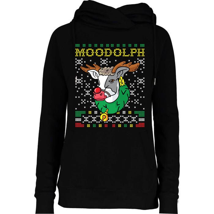 Moodolph Moo Cow Reindeer Ugly Christmas Farmer Womens Funnel Neck Pullover Hood