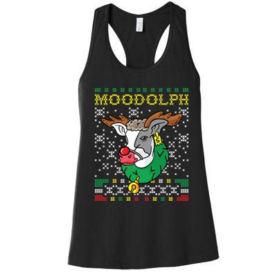 Moodolph Moo Cow Reindeer Ugly Christmas Farmer Women's Racerback Tank