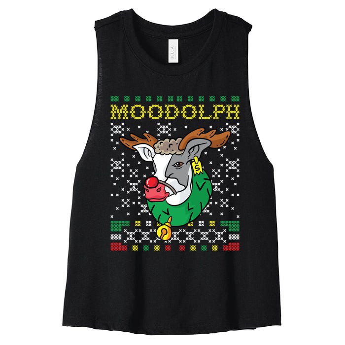 Moodolph Moo Cow Reindeer Ugly Christmas Farmer Women's Racerback Cropped Tank