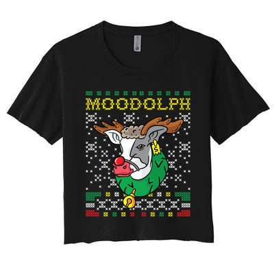 Moodolph Moo Cow Reindeer Ugly Christmas Farmer Women's Crop Top Tee