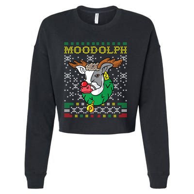 Moodolph Moo Cow Reindeer Ugly Christmas Farmer Cropped Pullover Crew