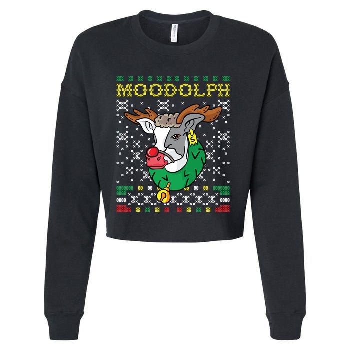 Moodolph Moo Cow Reindeer Ugly Christmas Farmer Cropped Pullover Crew