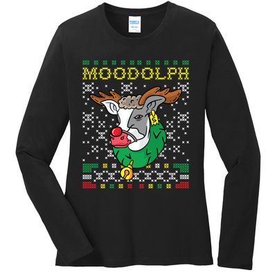 Moodolph Moo Cow Reindeer Ugly Christmas Farmer Ladies Long Sleeve Shirt