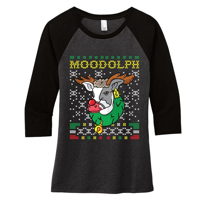 Moodolph Moo Cow Reindeer Ugly Christmas Farmer Women's Tri-Blend 3/4-Sleeve Raglan Shirt