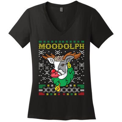 Moodolph Moo Cow Reindeer Ugly Christmas Farmer Women's V-Neck T-Shirt